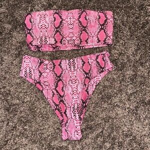 Pink snakeskin strapless high waisted bikini